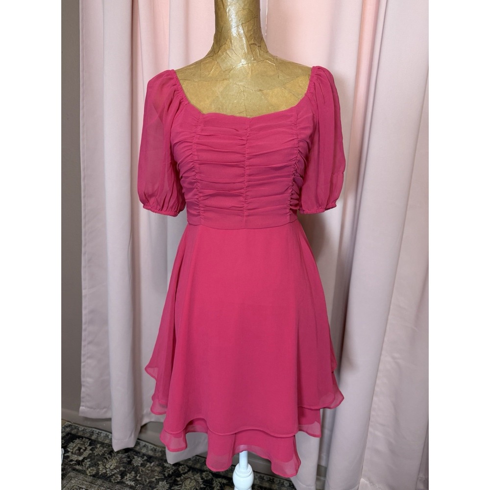 Altar'd State NWT Small Pink Puff Sleeve Mini Dress Chiffon A-Line Barbiecore